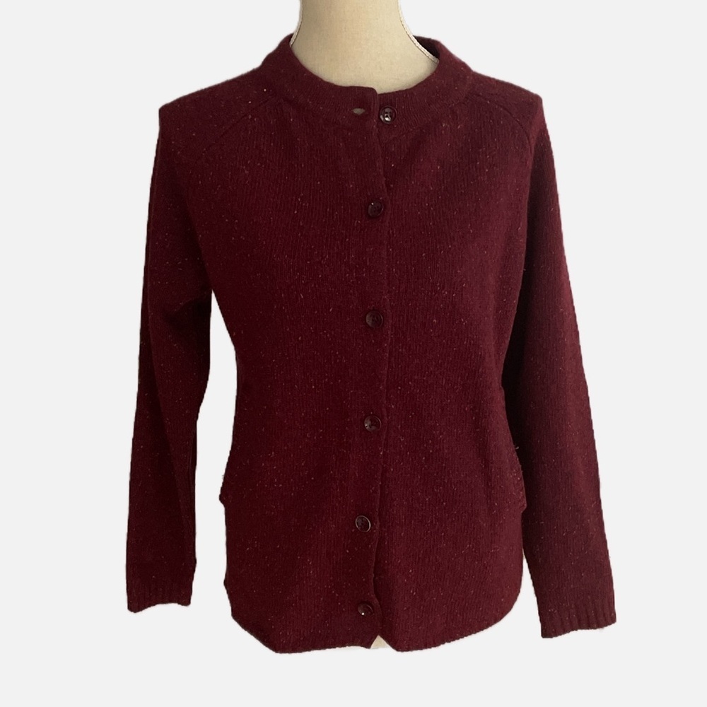 Aran Woollen Mills Cardigan Women Small‎ Burgundy Lambswool Donegal Tweed Irish